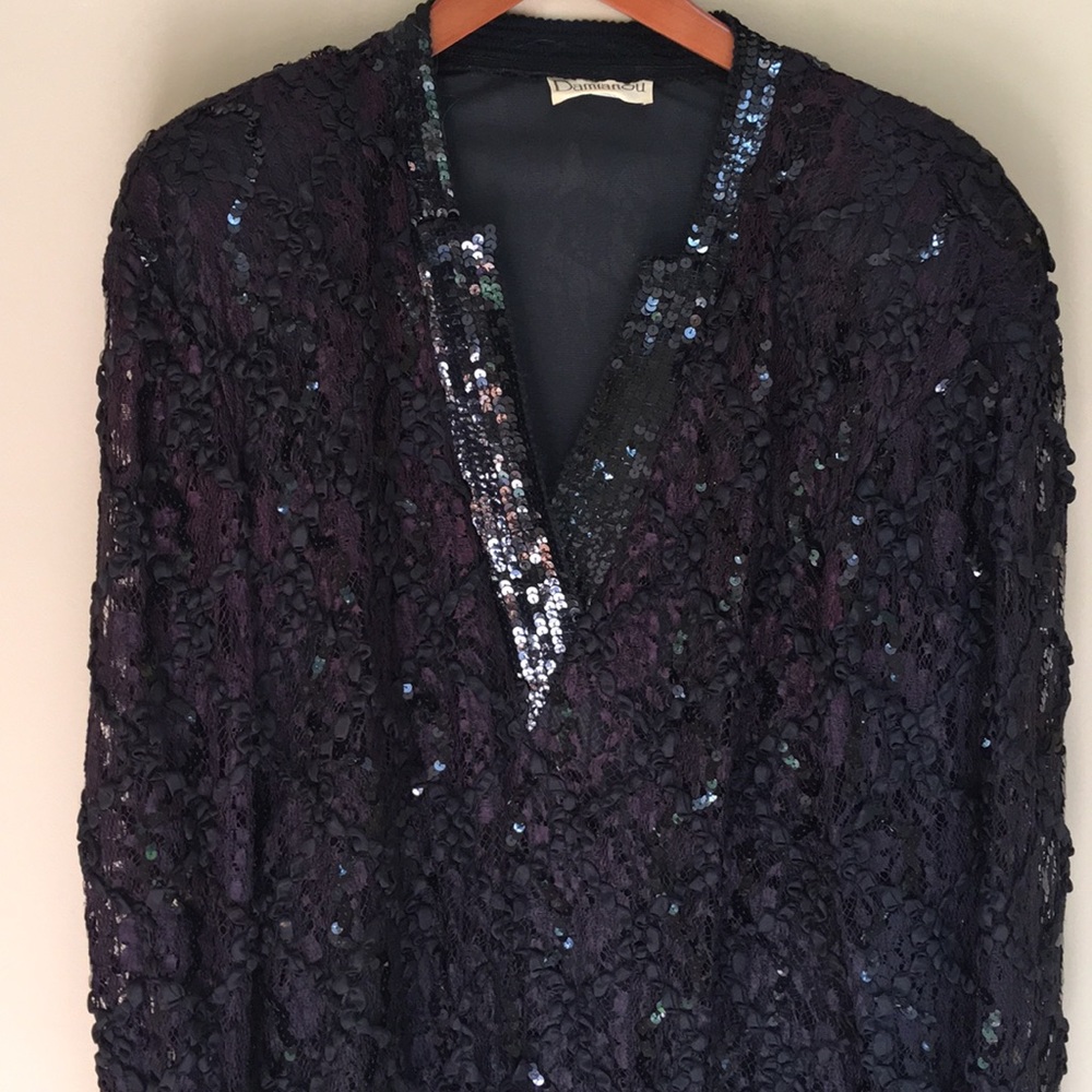 Vintage Damianou Black Lace & Sequined Dress M - Picture 2 of 6